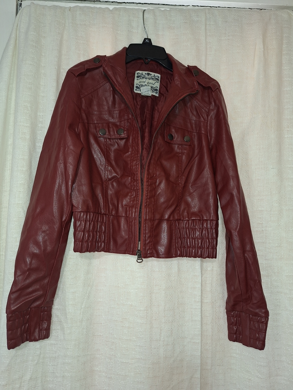 Wet Seal Burgundy Faux Leather Bomber Jacket